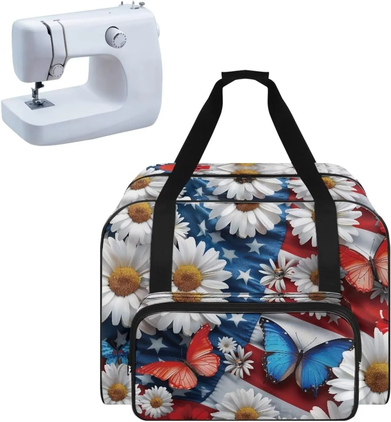 American Flag Butterfly Sewing Machine Carrying Case with Pocket/Handles/Soft Bottom Pad Prevent Scratches Sewing Accessories Carrier Bag Sewing Class Supplies(19.7 X 9.8 X 13