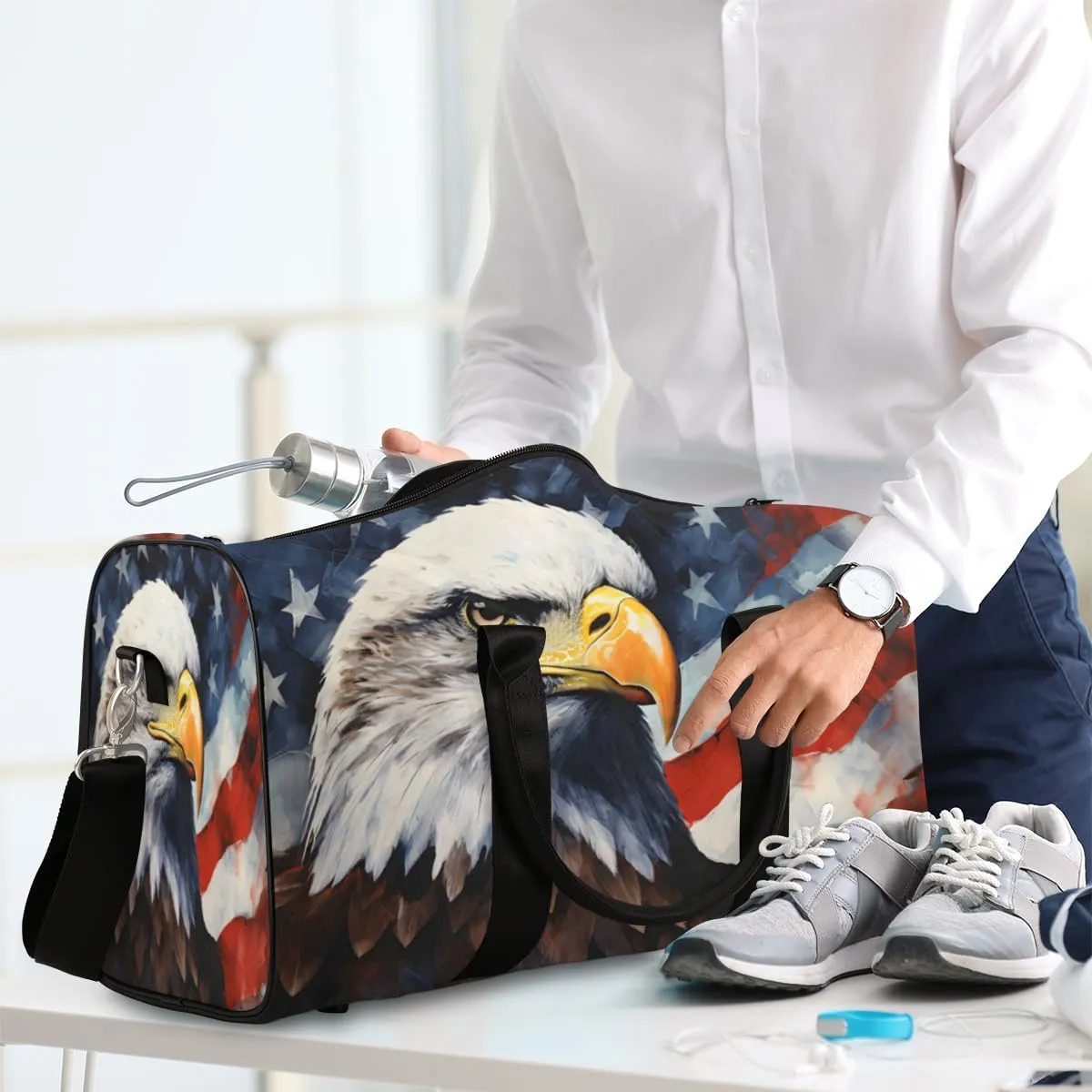American Flag Eagles Travel Duffle Bag, Sports Gym Bags for Women Men, Carry On Weekender Overnight Workout Airplane Trips Bag