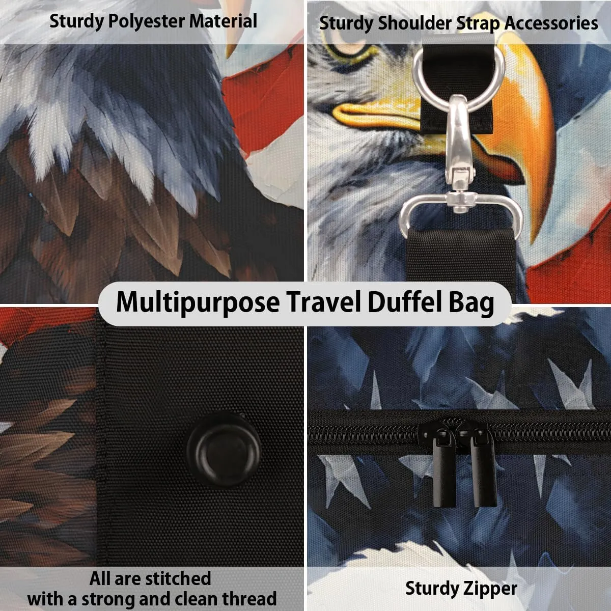 American Flag Eagles Travel Duffle Bag, Sports Gym Bags for Women Men, Carry On Weekender Overnight Workout Airplane Trips Bag