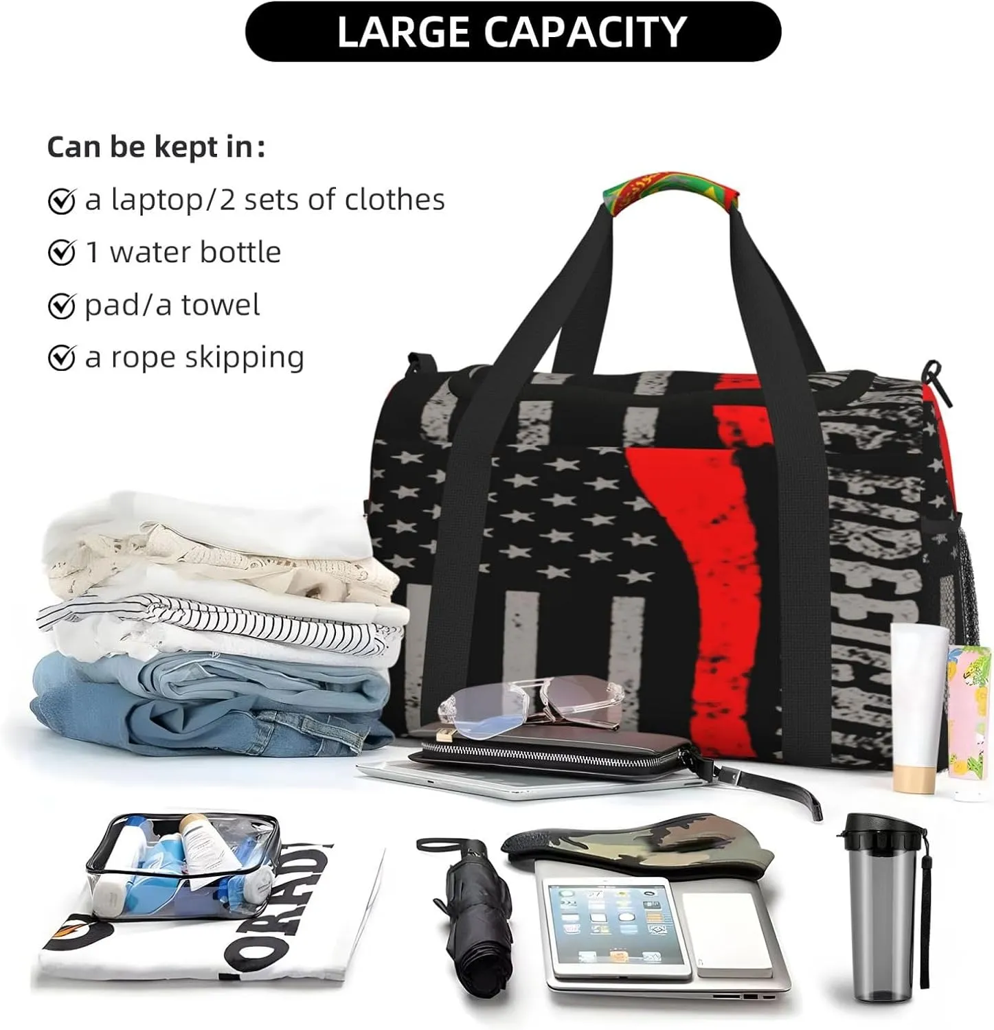 American Flag Firefighter Travel Duffel Bag Large Foldable Waterproof Overnight Bag For Beach Swim Bags Pool Sports Gym