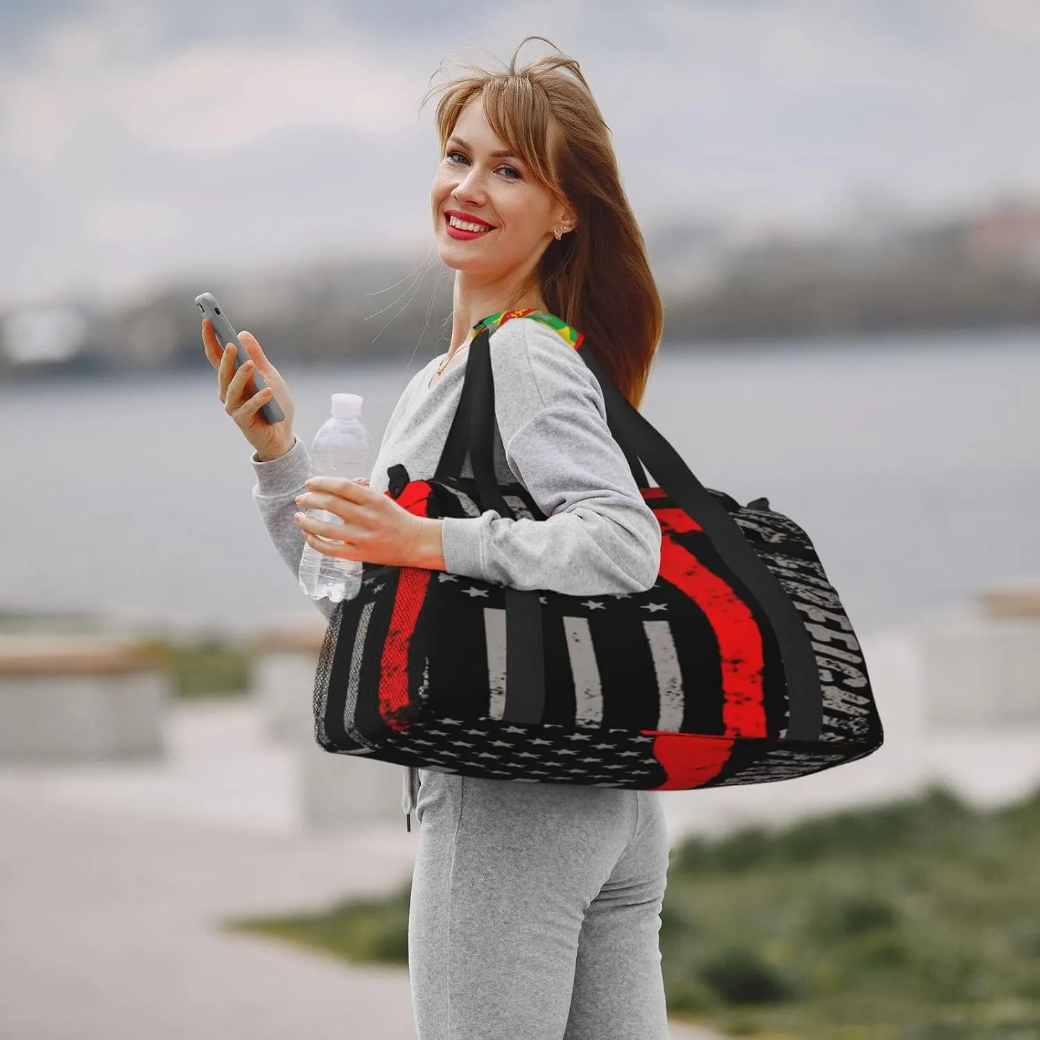 American Flag Firefighter Travel Duffel Bag Large Foldable Waterproof Overnight Bag For Beach Swim Bags Pool Sports Gym