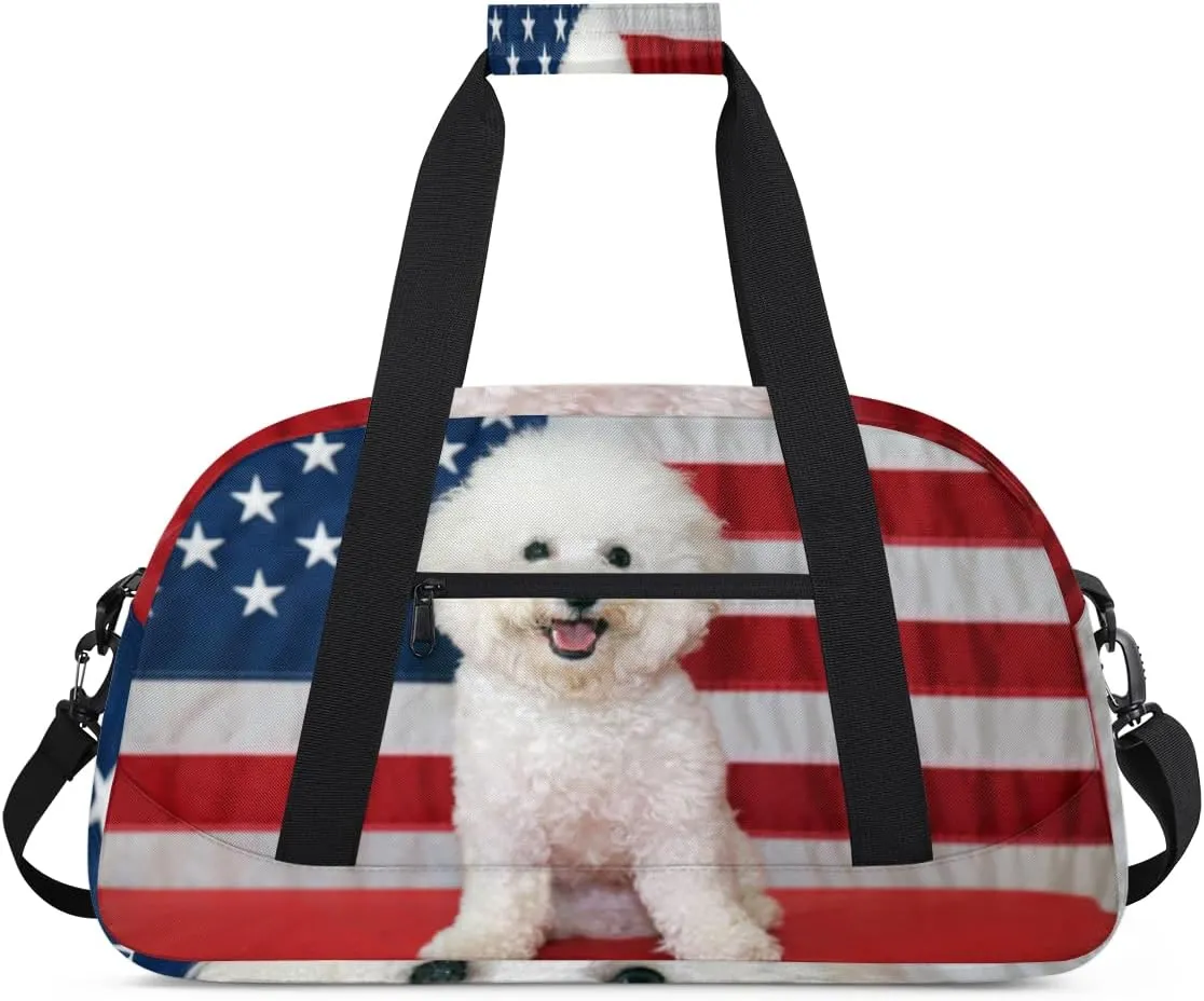 American Flag Gym Duffel Bag for Men Women Cute Dog Sports Tote Bag with Adjustable Shoulder Strap for Dance Gymnastics Traveling Outdoor Camping Overnight Stay