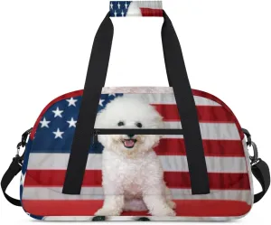 American Flag Gym Duffel Bag for Men Women Cute Dog Sports Tote Bag with Adjustable Shoulder Strap for Dance Gymnastics Traveling Outdoor Camping Overnight Stay