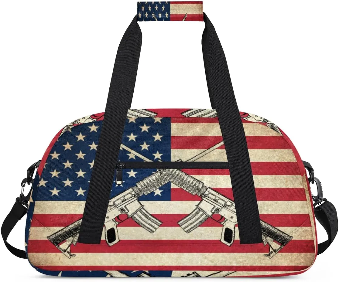 American Flag Gym Duffel Bag for Men Women Guns Sports Tote Bag with Adjustable Shoulder Strap for Dance Gymnastics Traveling Outdoor Camping Overnight Stay