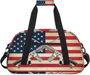 American Flag Gym Duffel Bag for Men Women Guns Sports Tote Bag with Adjustable Shoulder Strap for Dance Gymnastics Traveling Outdoor Camping Overnight Stay