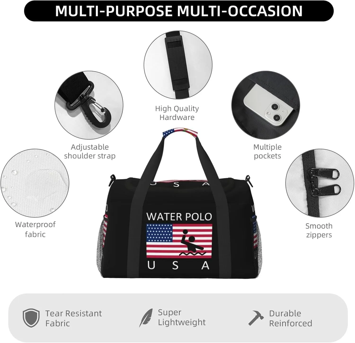 American Flag Water Polo Travel Duffel Bag Large Foldable Waterproof Overnight Bag For Beach Swim Bags Pool Sports Gym