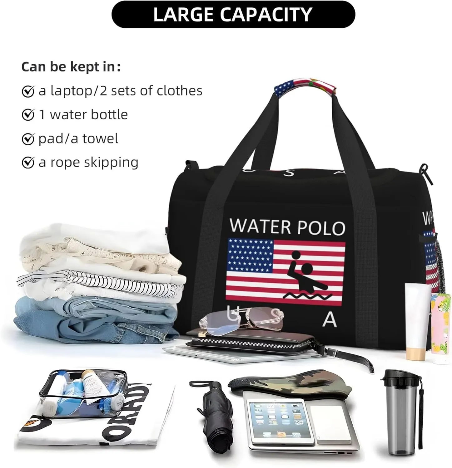 American Flag Water Polo Travel Duffel Bag Large Foldable Waterproof Overnight Bag For Beach Swim Bags Pool Sports Gym