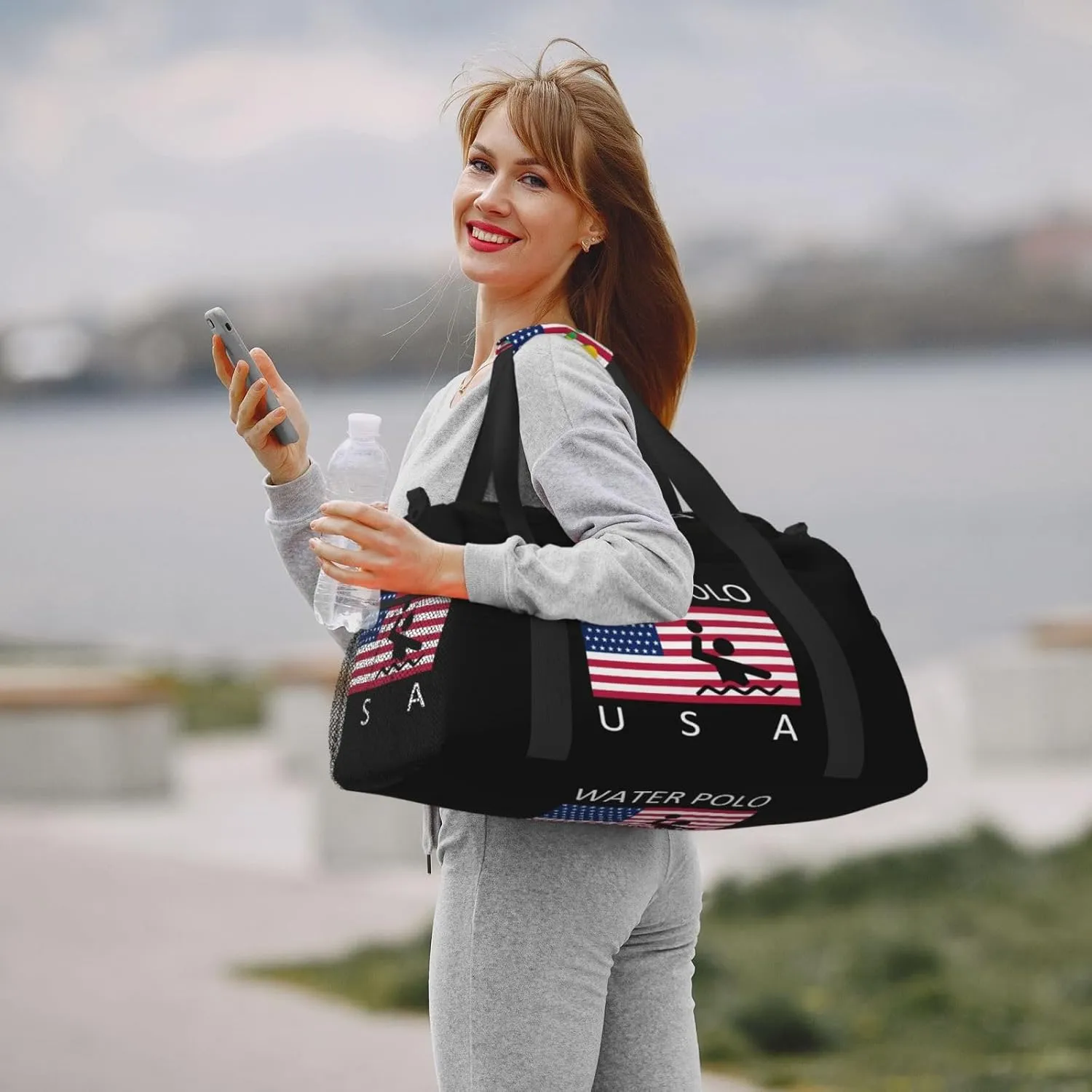 American Flag Water Polo Travel Duffel Bag Large Foldable Waterproof Overnight Bag For Beach Swim Bags Pool Sports Gym