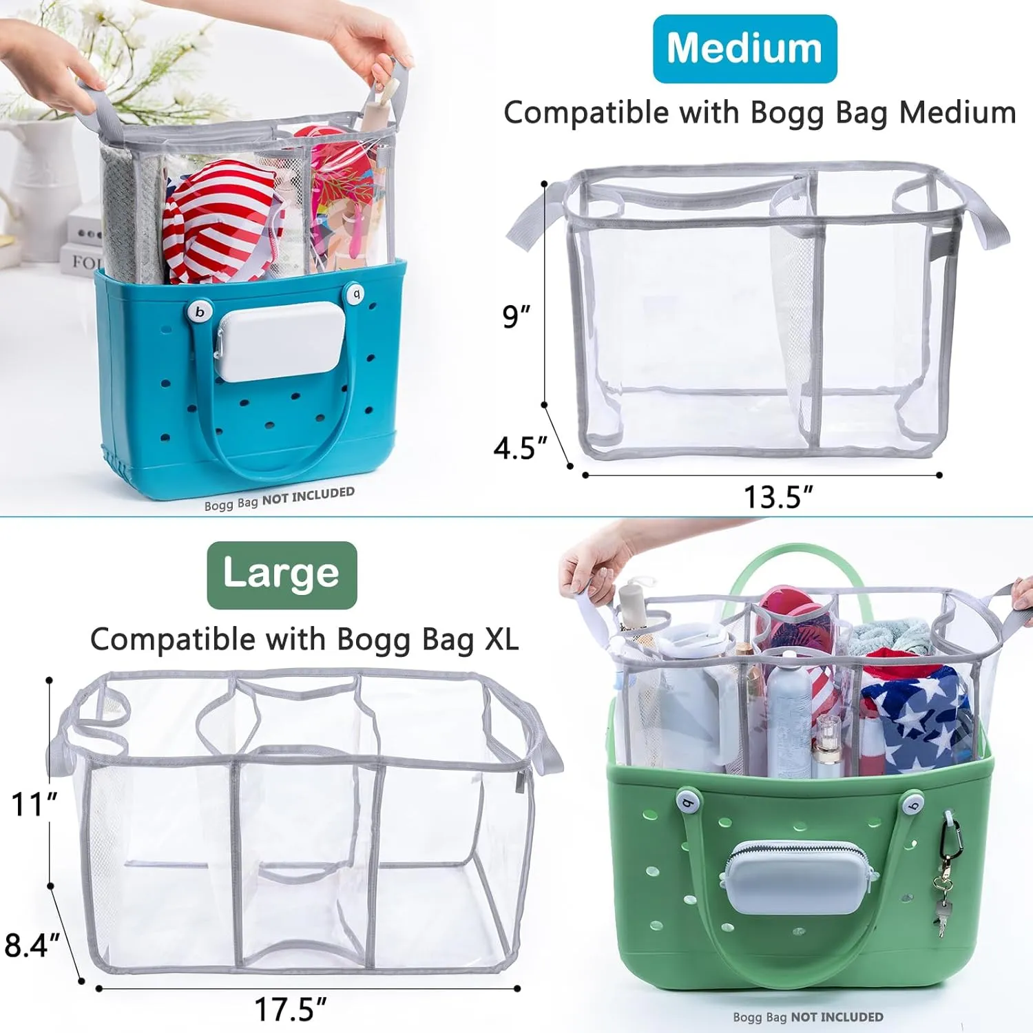 AMOIGEE Clear Beach Bag Organizer Insert with 3pcs Accessories Compatible with Bogg Bag (Medium), Beach Tote Bag Divider with Sunglasses Holder, Phone Holder and Clips Hooks, Beach Tote Bag Insert