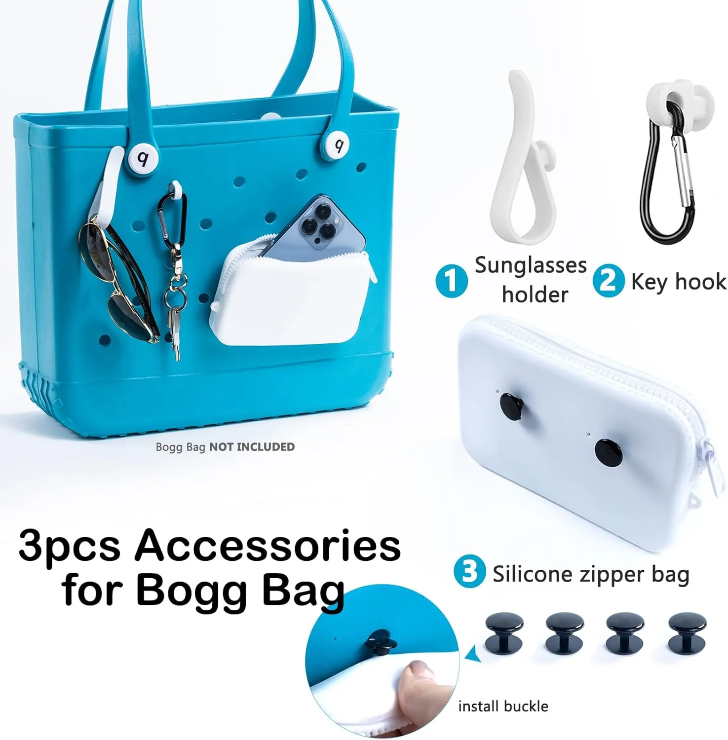 AMOIGEE Clear Beach Bag Organizer Insert with 3pcs Accessories Compatible with Bogg Bag (Medium), Beach Tote Bag Divider with Sunglasses Holder, Phone Holder and Clips Hooks, Beach Tote Bag Insert