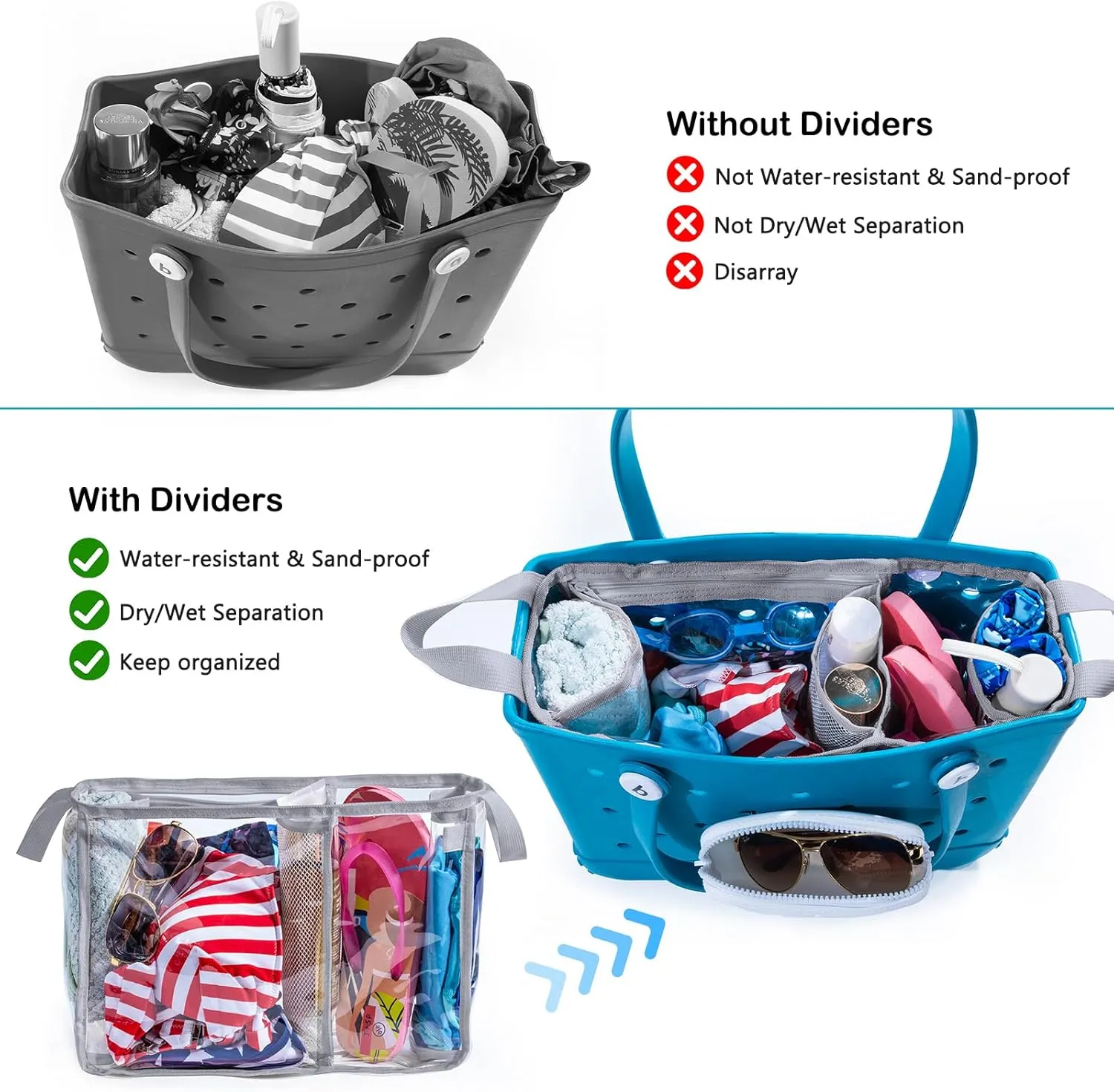 AMOIGEE Clear Beach Bag Organizer Insert with 3pcs Accessories Compatible with Bogg Bag (Medium), Beach Tote Bag Divider with Sunglasses Holder, Phone Holder and Clips Hooks, Beach Tote Bag Insert