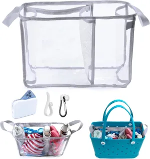AMOIGEE Clear Beach Bag Organizer Insert with 3pcs Accessories Compatible with Bogg Bag (Medium), Beach Tote Bag Divider with Sunglasses Holder, Phone Holder and Clips Hooks, Beach Tote Bag Insert