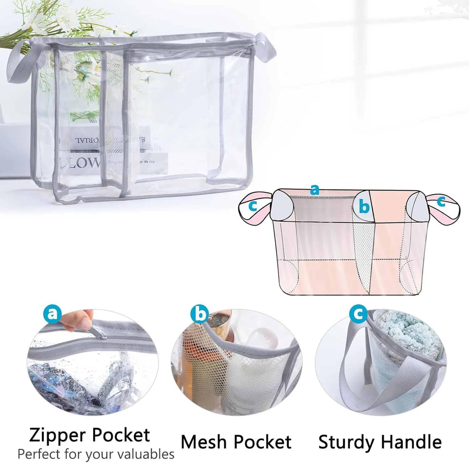 AMOIGEE Clear Beach Bag Organizer Insert with 3pcs Accessories Compatible with Bogg Bag (Medium), Beach Tote Bag Divider with Sunglasses Holder, Phone Holder and Clips Hooks, Beach Tote Bag Insert