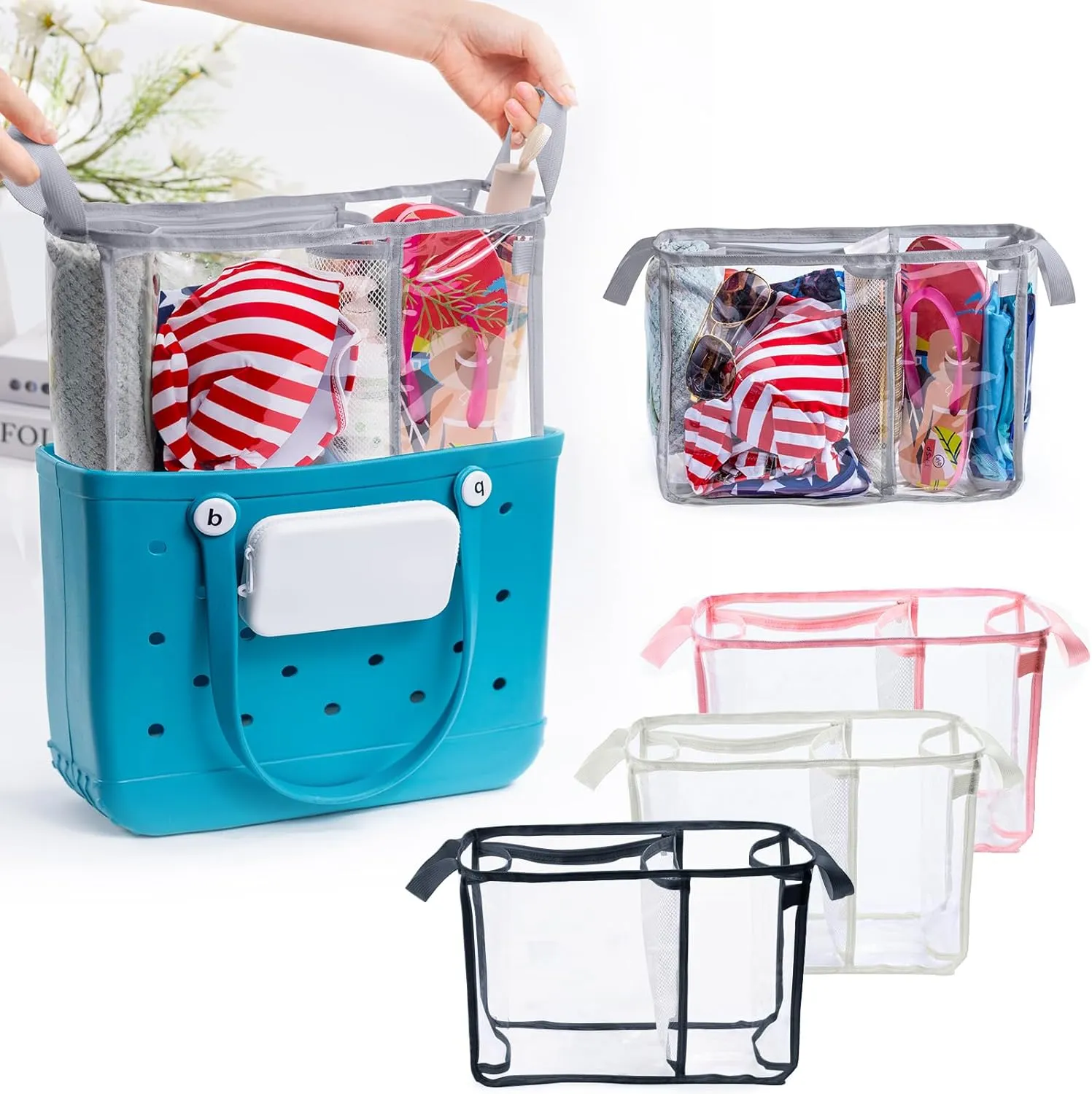 AMOIGEE Clear Beach Bag Organizer Insert with 3pcs Accessories Compatible with Bogg Bag (Medium), Beach Tote Bag Divider with Sunglasses Holder, Phone Holder and Clips Hooks, Beach Tote Bag Insert