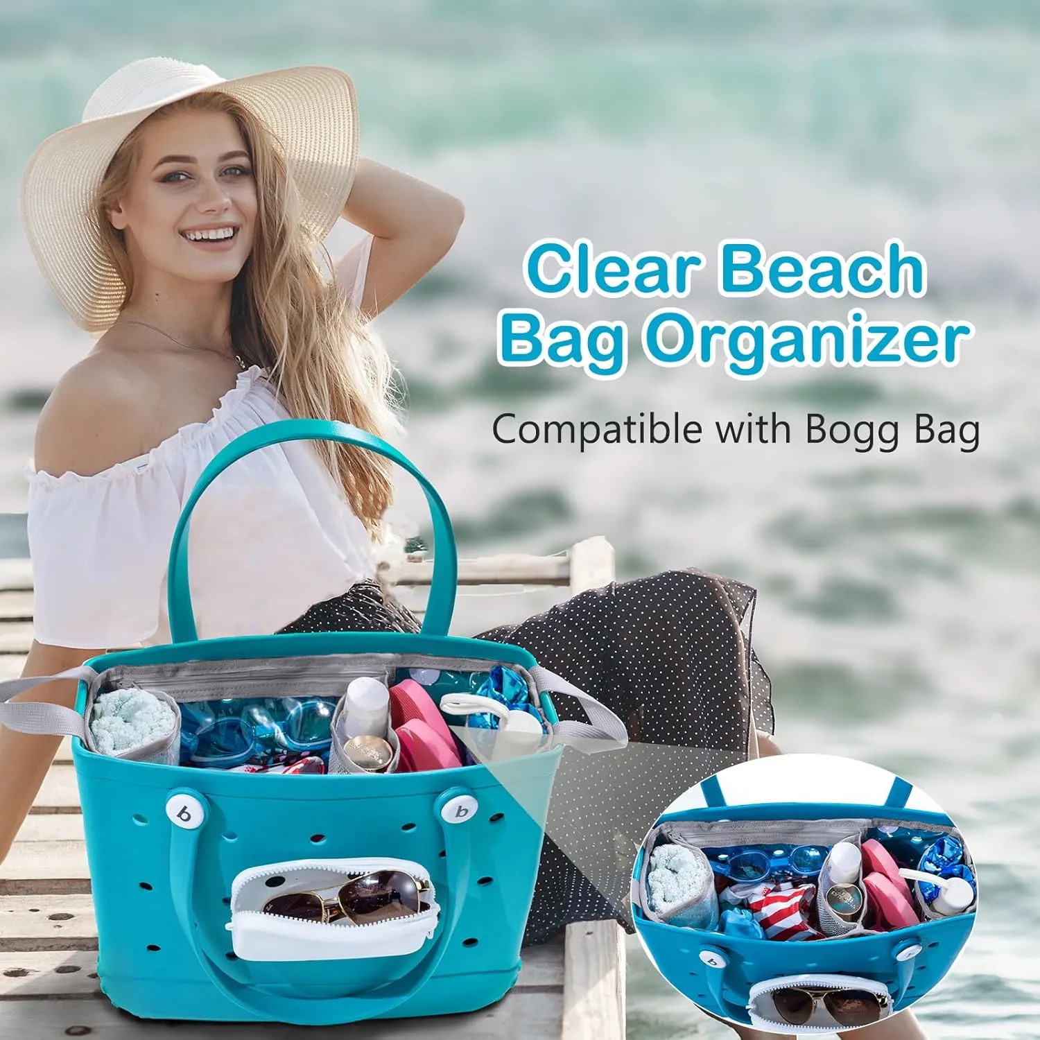 AMOIGEE Clear Beach Bag Organizer Insert with 3pcs Accessories Compatible with Bogg Bag (Medium), Beach Tote Bag Divider with Sunglasses Holder, Phone Holder and Clips Hooks, Beach Tote Bag Insert