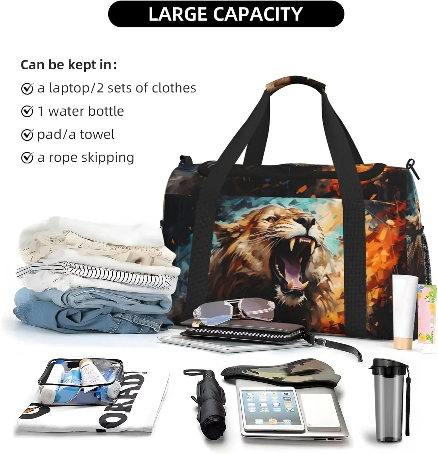 Angry Lion Duffle Bag Foldable Travel Tote Bag Carry On Large Weekender Overnight Bags Waterproof Gym Bag For Women Men