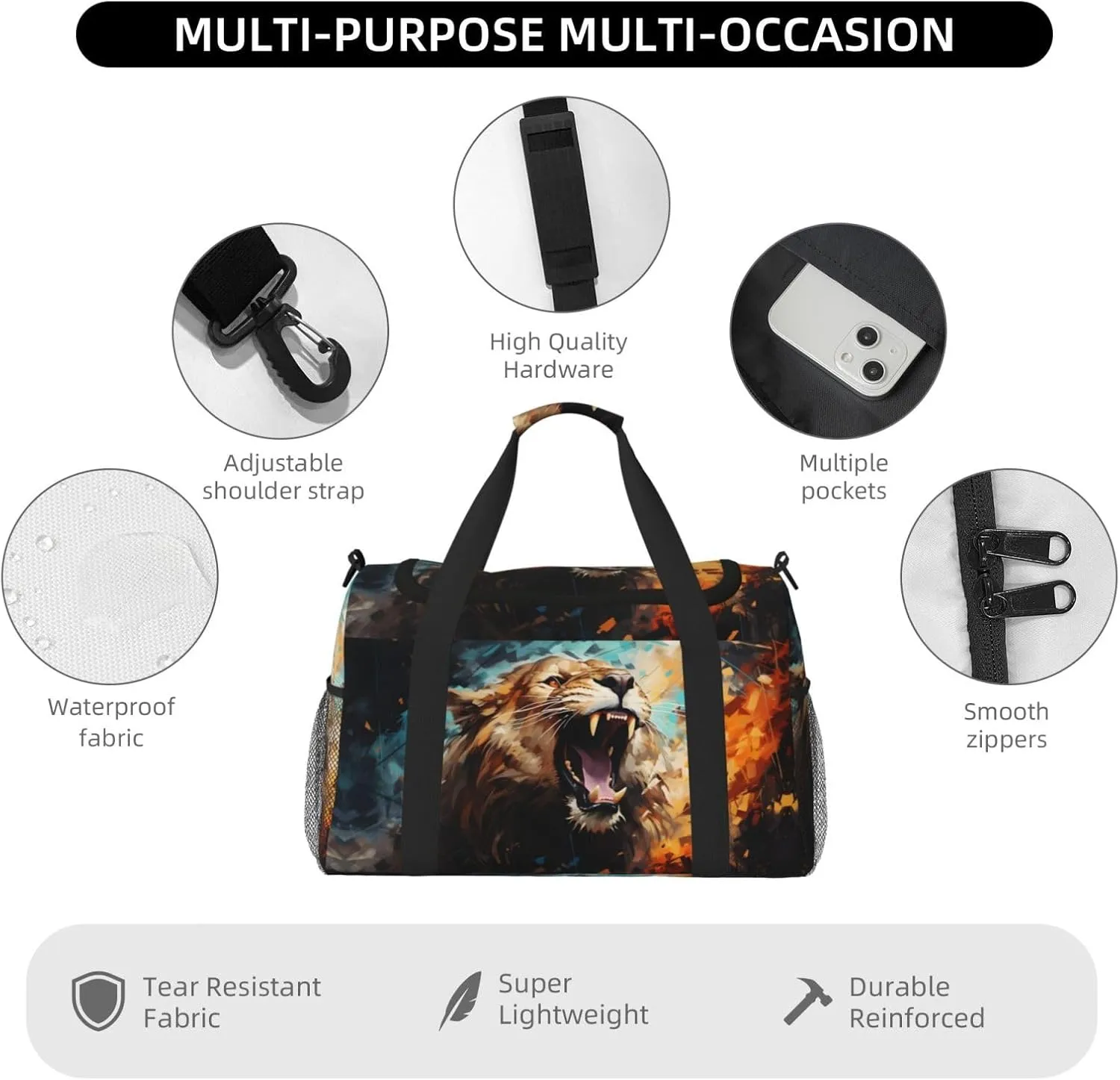 Angry Lion Duffle Bag Foldable Travel Tote Bag Carry On Large Weekender Overnight Bags Waterproof Gym Bag For Women Men