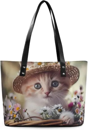 Animal Basket Cat Women's Handbag Leather Tote Bag Shoulder Bag Causal Purse Shopping Bag