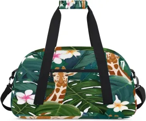 Animal Giraffes Gym Duffel Bag for Men Women Palm Leaves Sports Tote Bag with Adjustable Shoulder Strap for Dance Gymnastics Traveling Outdoor Camping Overnight Stay