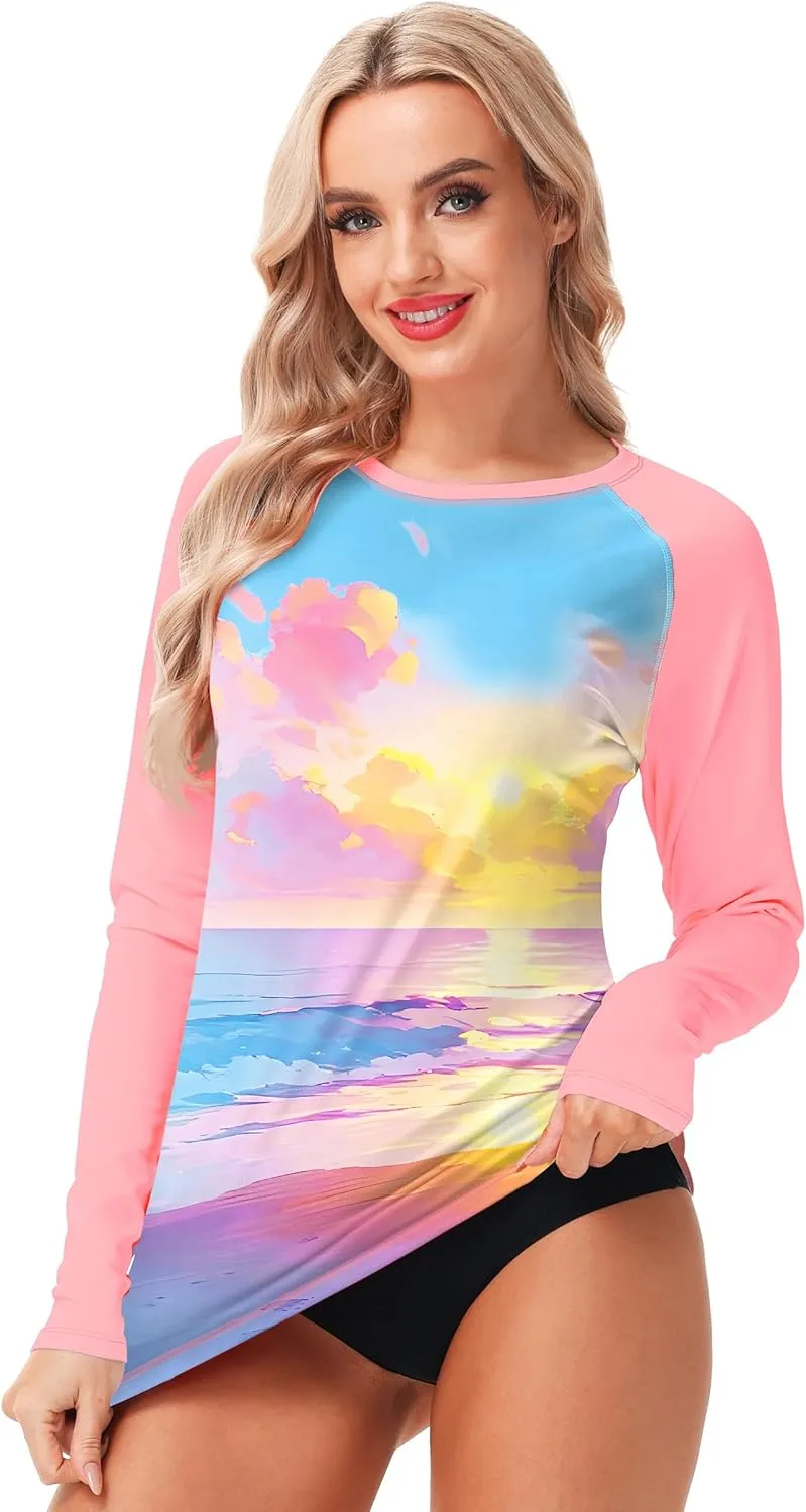 AOBUTE Women Rash Guard UPF 50  Long Sleeve Swim Top Surf Shirts