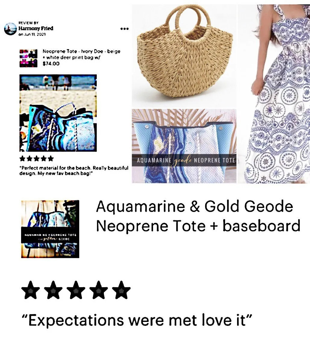 Aquamarine Geode Neoprene Tote bag blue navy turquoise white gold with baseboard pocket and zip pouch