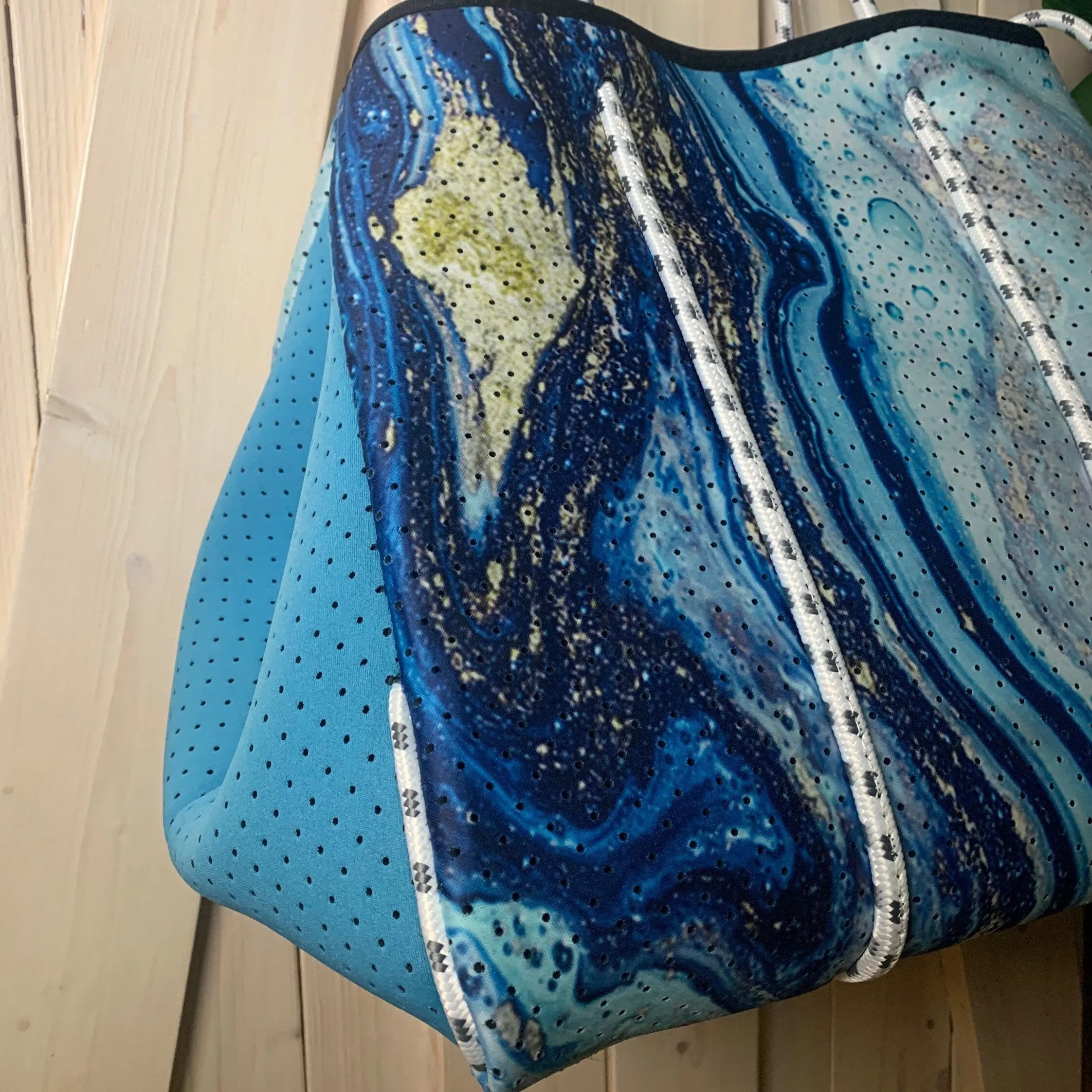 Aquamarine Geode Neoprene Tote bag blue navy turquoise white gold with baseboard pocket and zip pouch