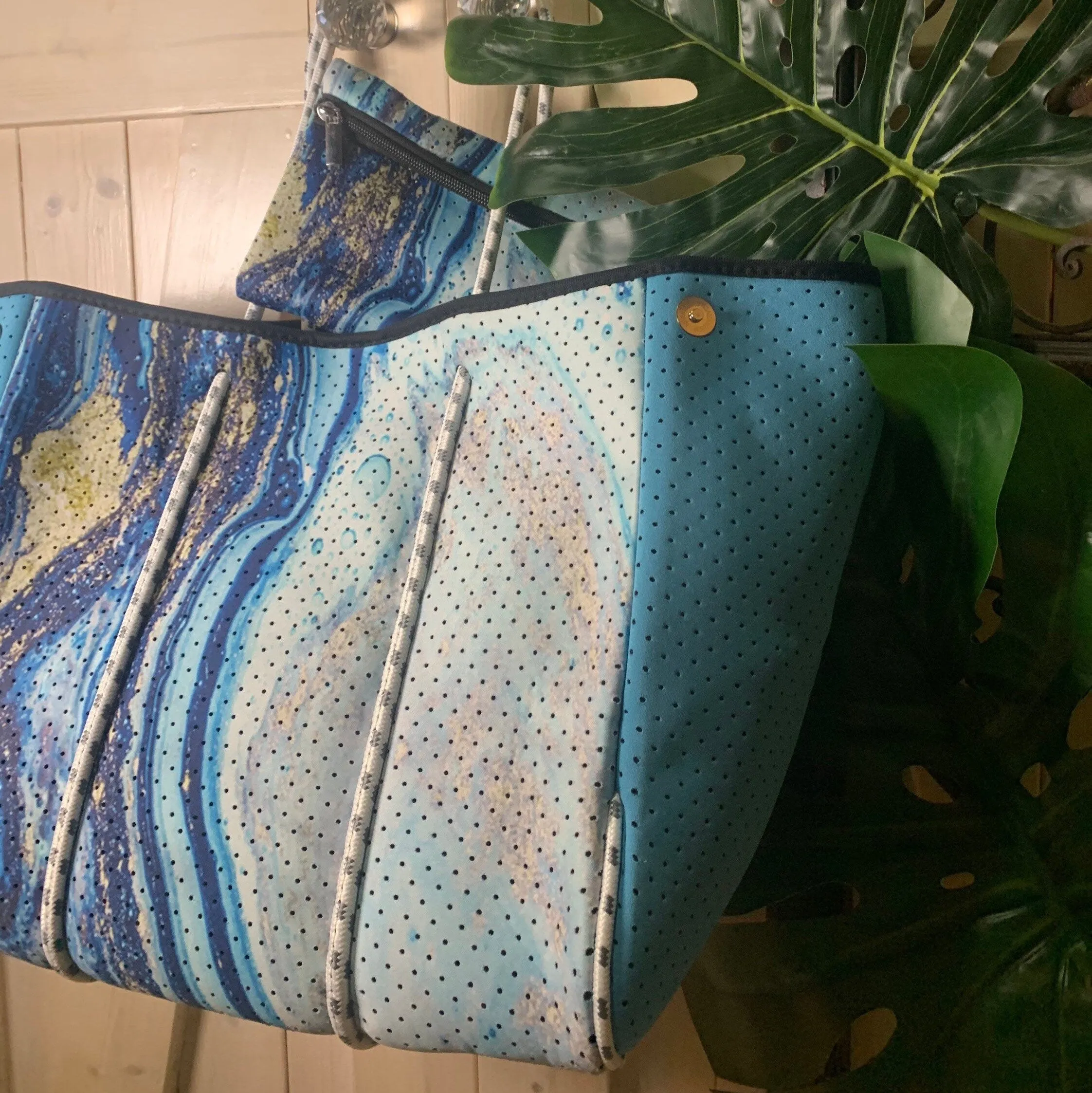Aquamarine Geode Neoprene Tote bag blue navy turquoise white gold with baseboard pocket and zip pouch