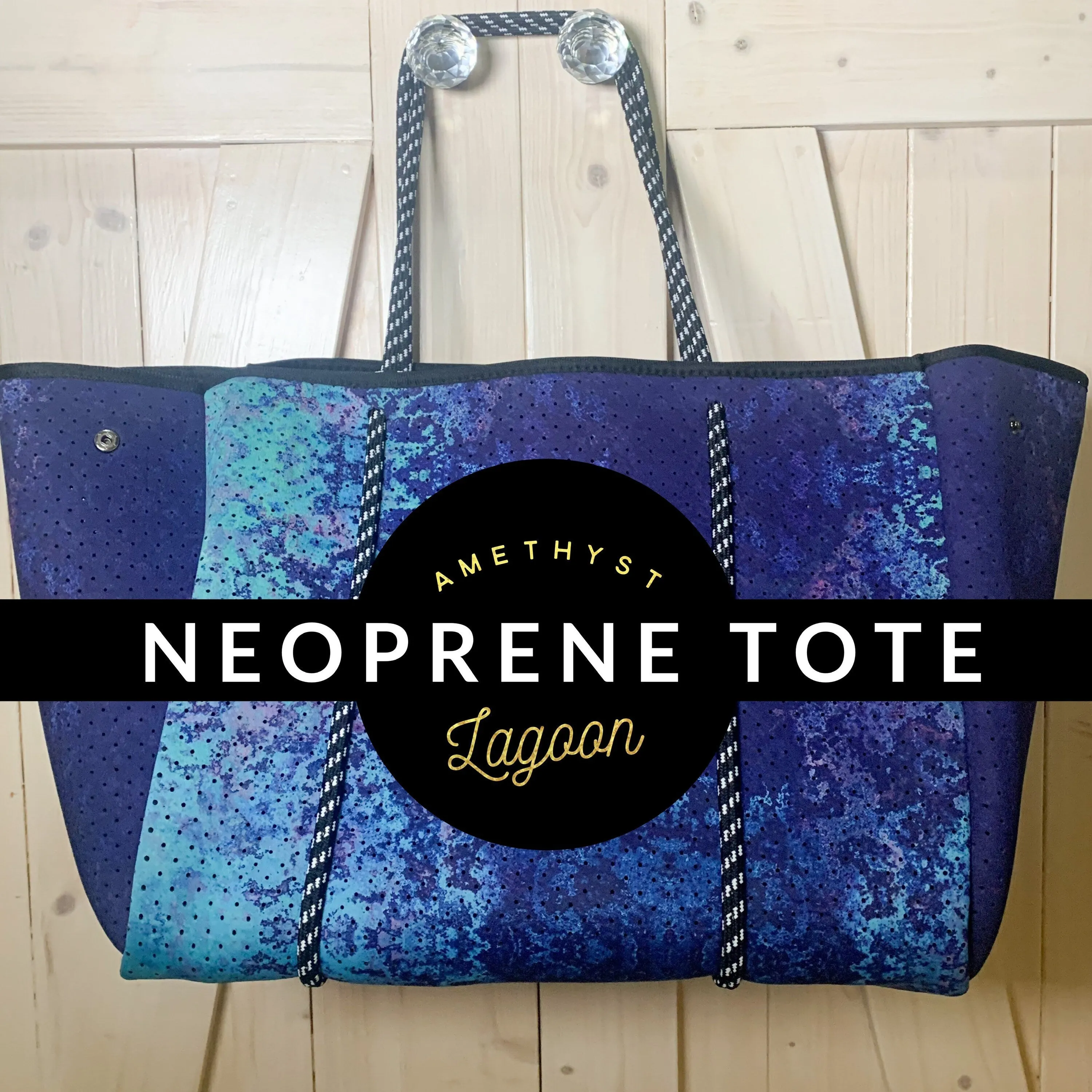 Aquamarine Geode Neoprene Tote bag blue navy turquoise white gold with baseboard pocket and zip pouch
