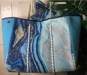Aquamarine Geode Neoprene Tote bag blue navy turquoise white gold with baseboard pocket and zip pouch