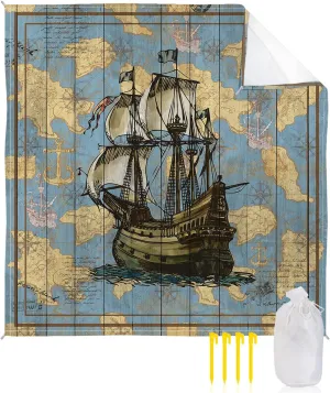 Aquatic Sailboats Beach Blanket Large with Stakes Waterproof Sandproof Beach Mat with Corner Pockets for Outdoor Travel Camping Hiking Picnic Essentials,Ocean Anchors Map Compasses Blue 84"x108"