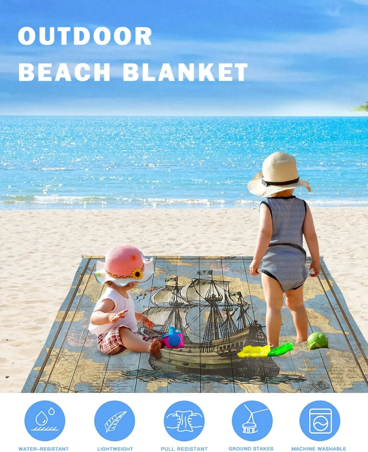 Aquatic Sailboats Beach Blanket Large with Stakes Waterproof Sandproof Beach Mat with Corner Pockets for Outdoor Travel Camping Hiking Picnic Essentials,Ocean Anchors Map Compasses Blue 84"x108"