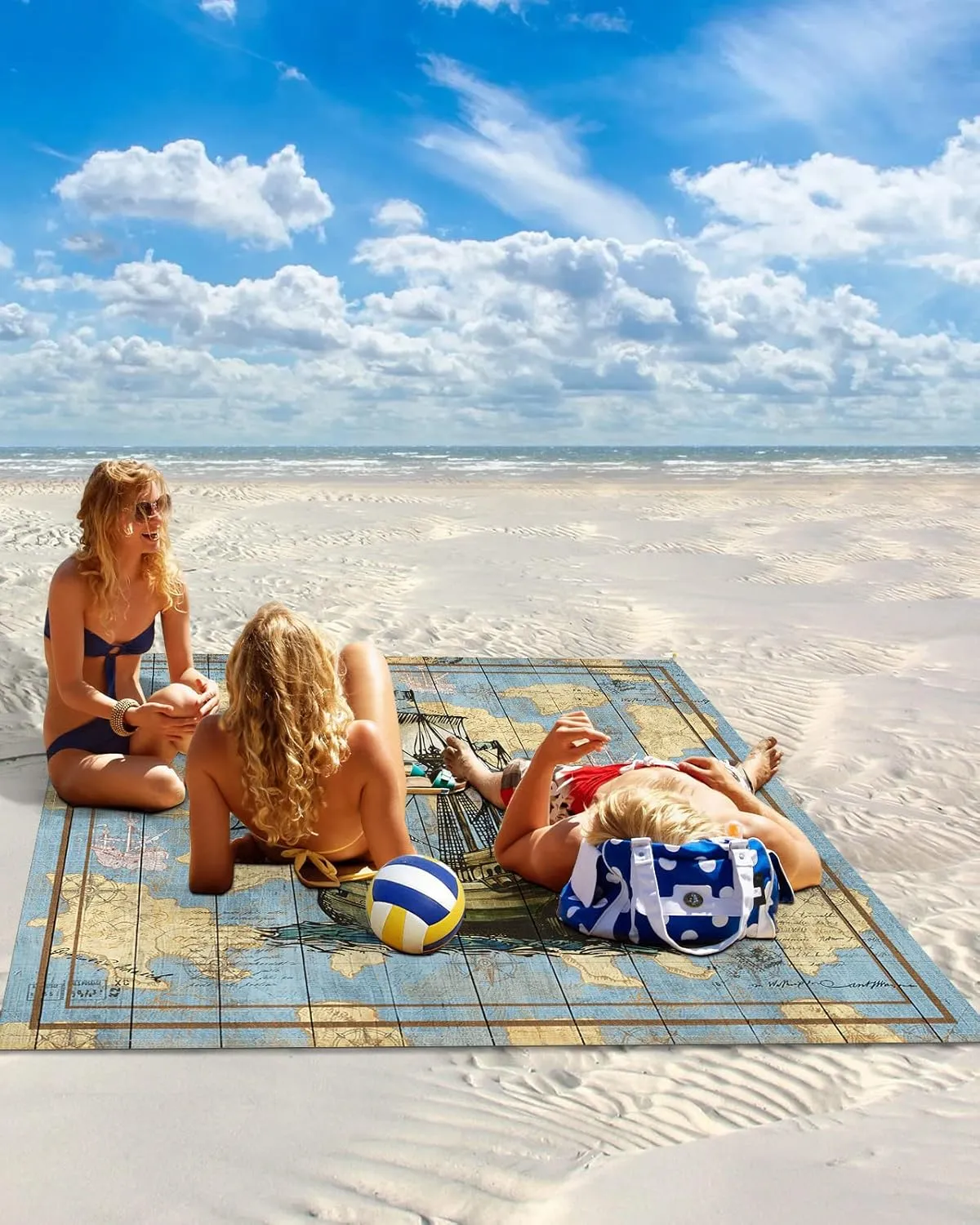 Aquatic Sailboats Beach Blanket Large with Stakes Waterproof Sandproof Beach Mat with Corner Pockets for Outdoor Travel Camping Hiking Picnic Essentials,Ocean Anchors Map Compasses Blue 84"x108"