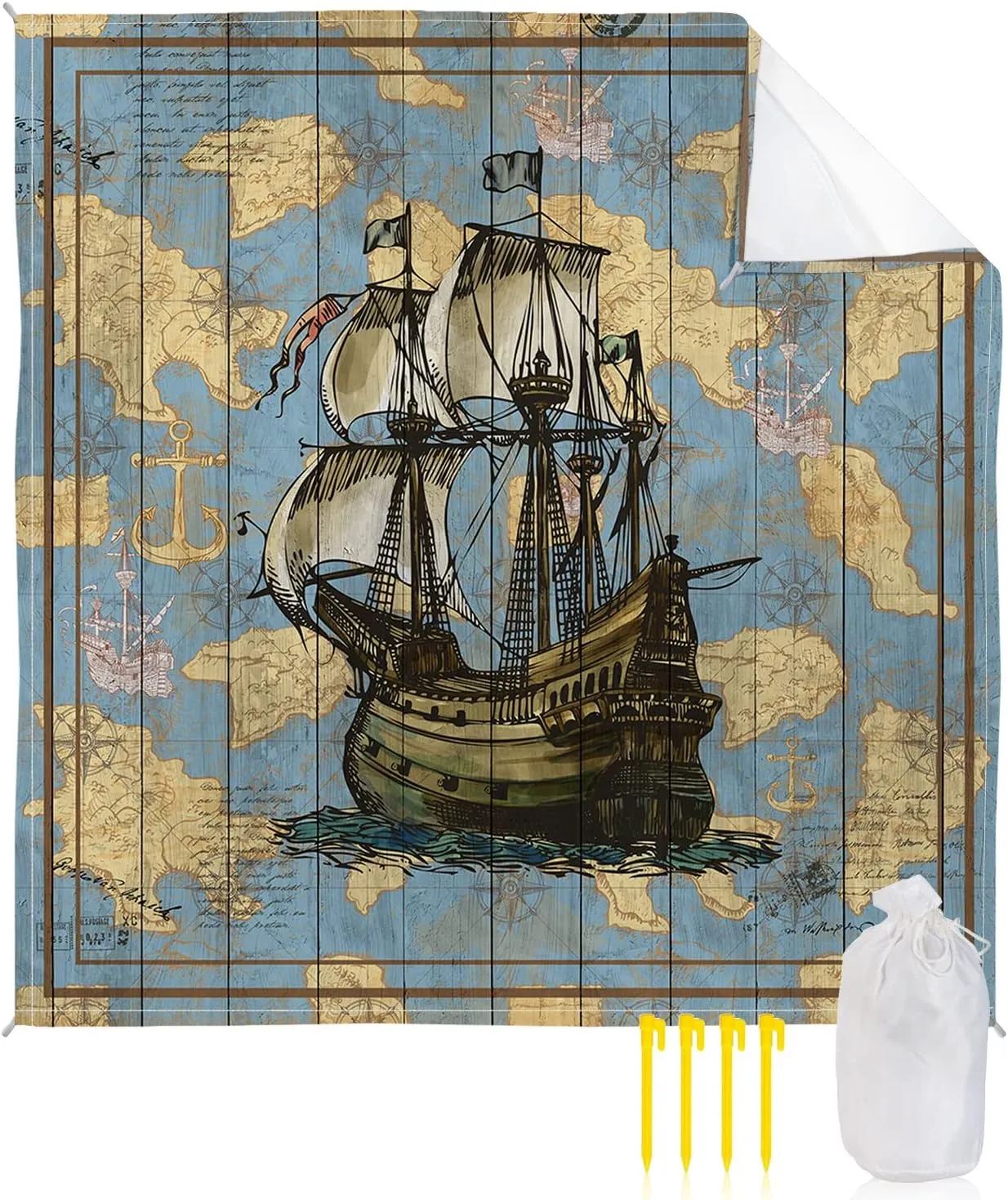 Aquatic Sailboats Beach Blanket Large with Stakes Waterproof Sandproof Beach Mat with Corner Pockets for Outdoor Travel Camping Hiking Picnic Essentials,Ocean Anchors Map Compasses Blue 84"x108"