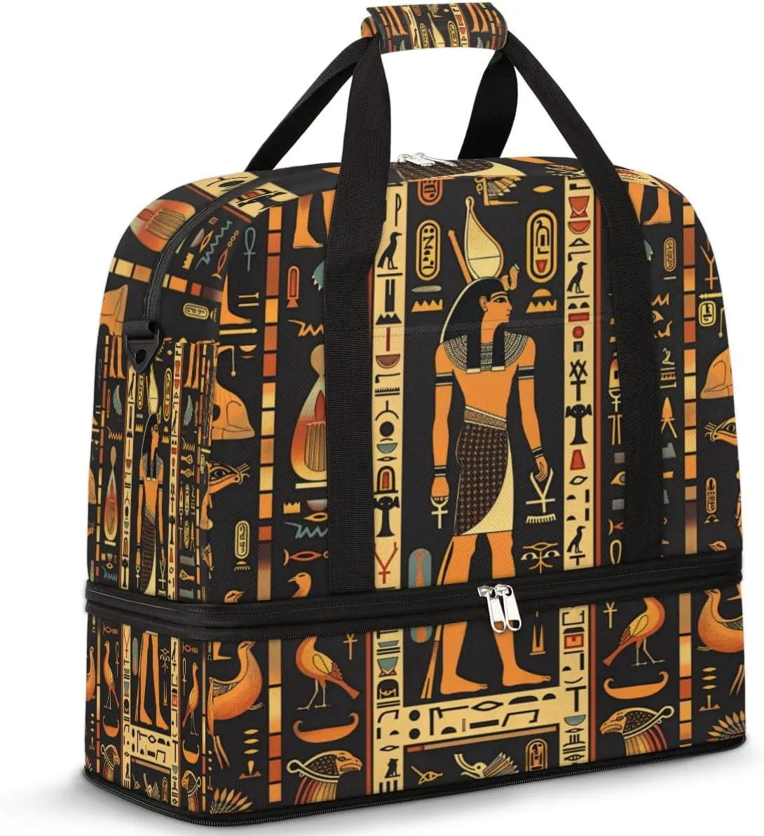 Art Egyptian Travel Duffel Bag for Women Men, Ancient Egypt Hieroglyphs Sports Gym Bag with Shoes Compartment Foldable Overnight Bag Weekender Tote Workout Carry On Luggage Bag