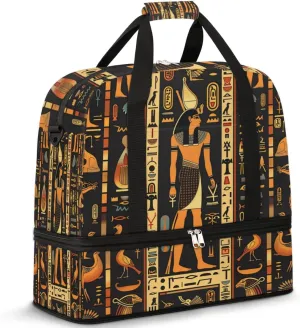 Art Egyptian Travel Duffel Bag for Women Men, Ancient Egypt Hieroglyphs Sports Gym Bag with Shoes Compartment Foldable Overnight Bag Weekender Tote Workout Carry On Luggage Bag