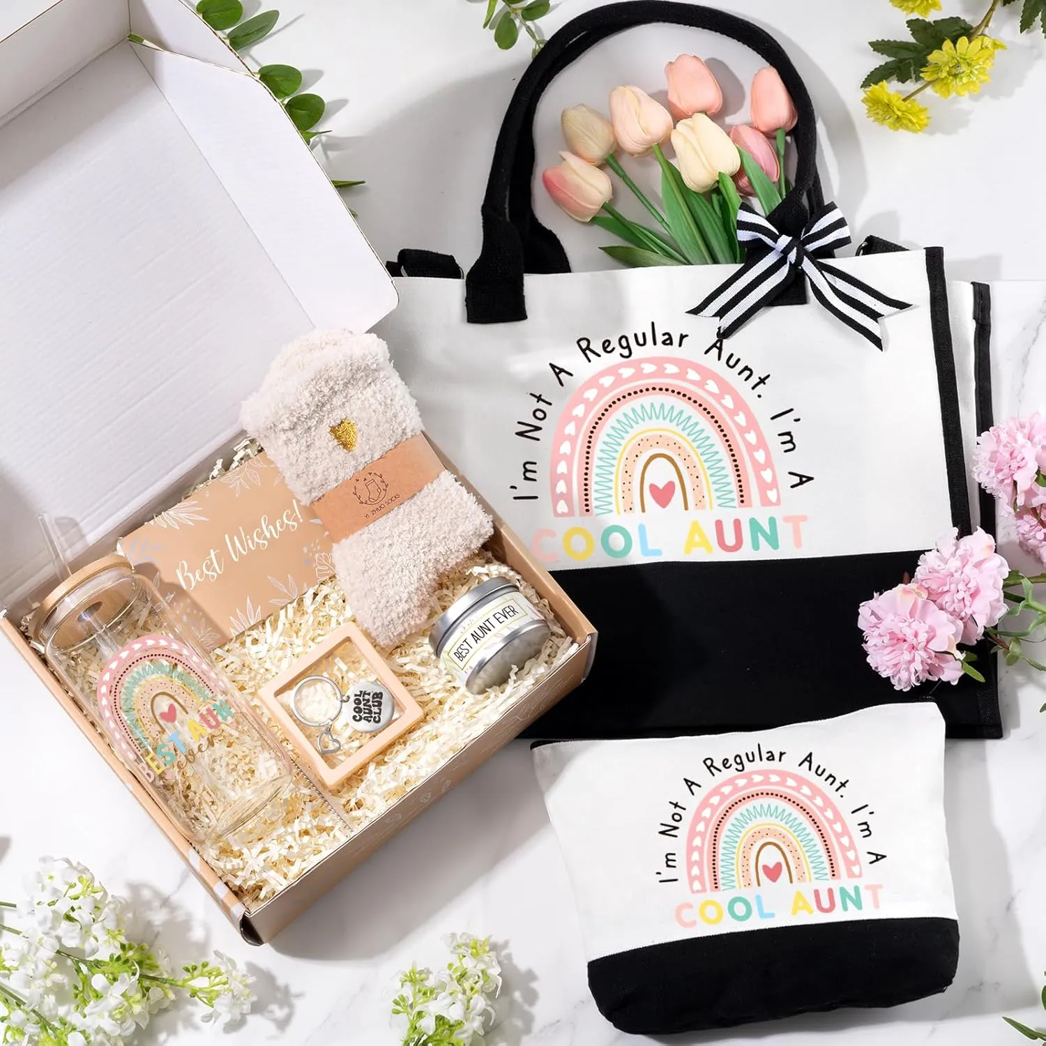 Aunt Gifts, Birthday Gifts for Aunt from Niece Nephew, Best Auntie Gift Ideas Canvas Tote Bag 16 Oz Can Glass Birthday Christmas Mothers Day Thank You Gift Baskets for Women
