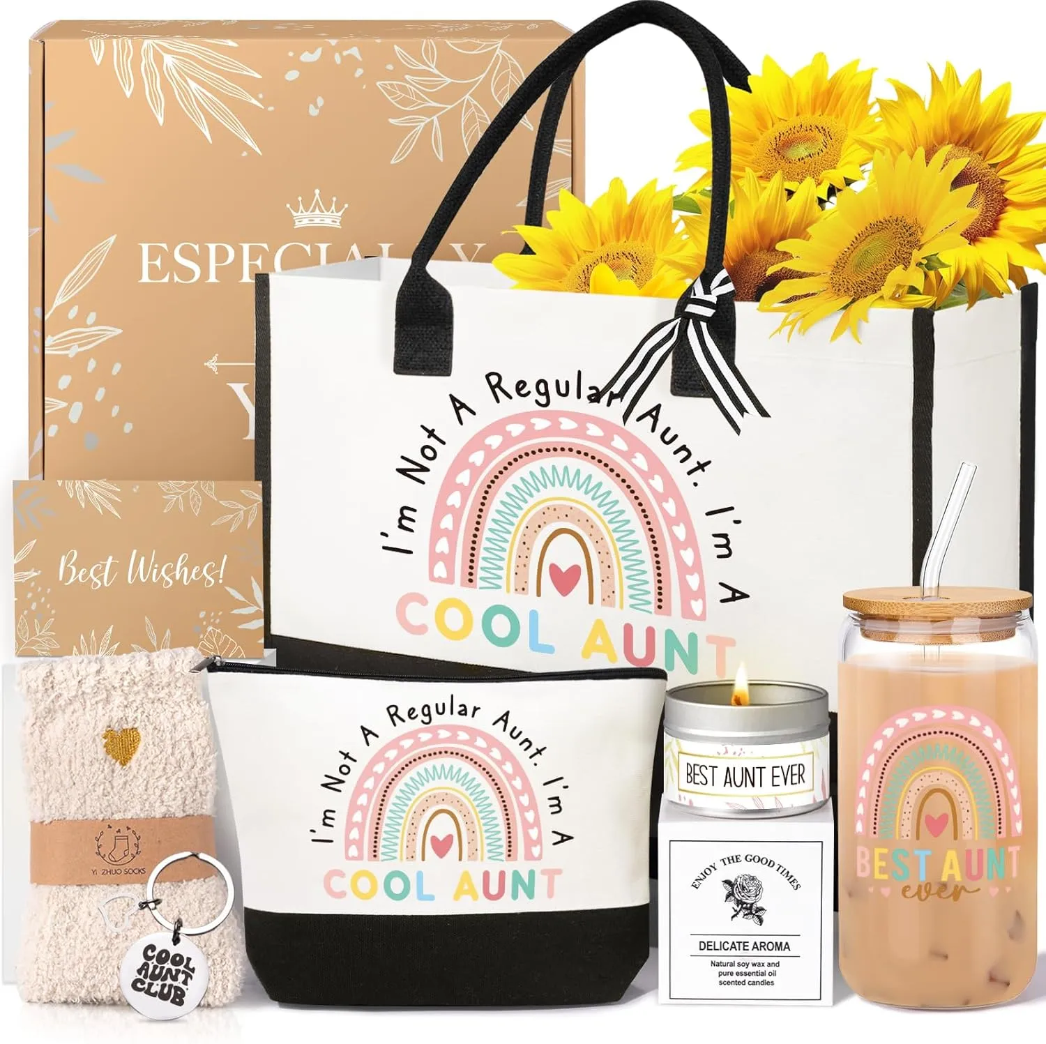 Aunt Gifts, Birthday Gifts for Aunt from Niece Nephew, Best Auntie Gift Ideas Canvas Tote Bag 16 Oz Can Glass Birthday Christmas Mothers Day Thank You Gift Baskets for Women