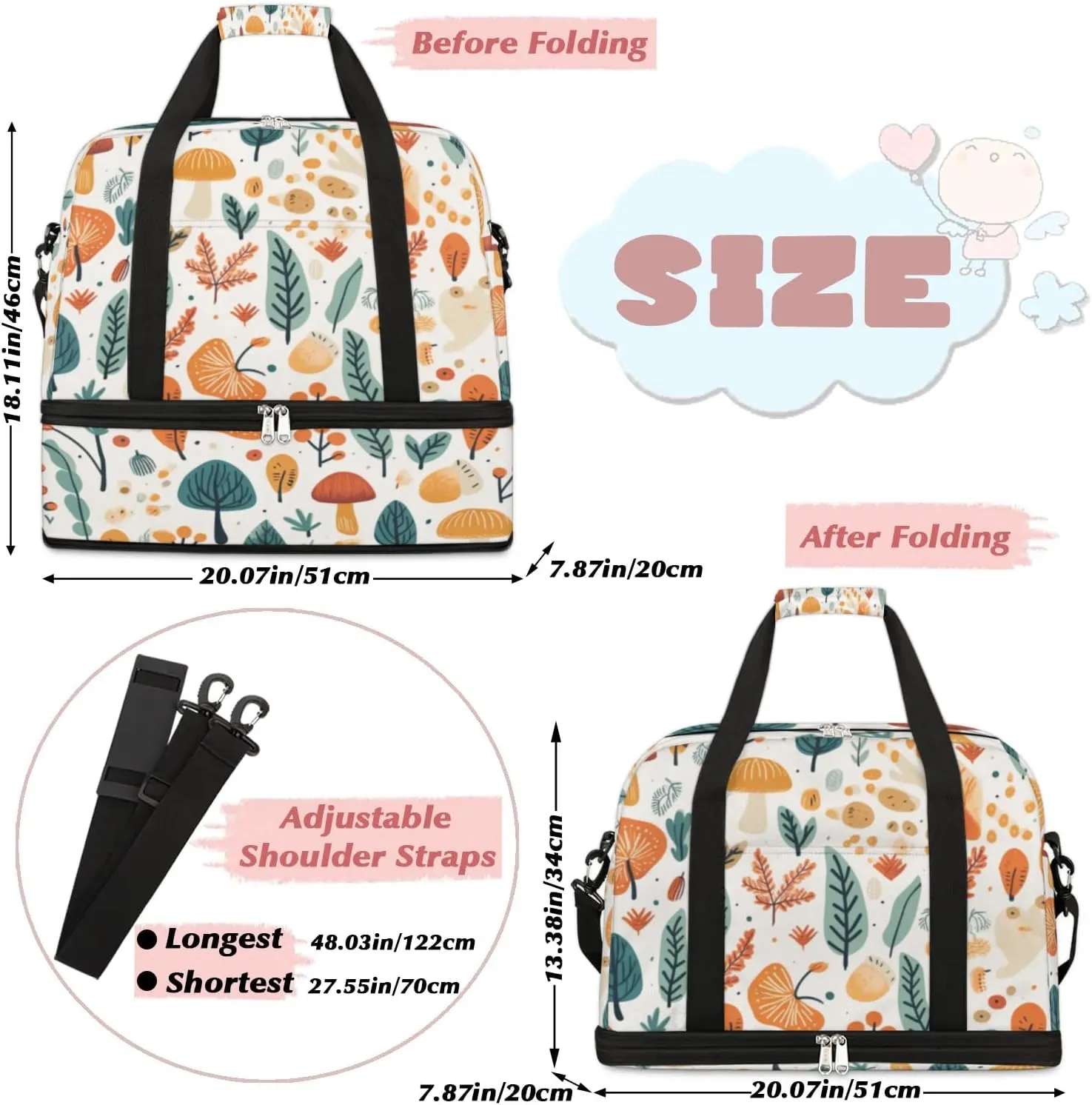 Autumn Mushroom Maple Leave Sports Gym Bag with Shoes Compartment Foldable Travel Duffel Bag Dry Wet Separated Sports Tote Workout Weekender Overnight Bag for Women Yoga Dance Work Training Handbag