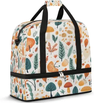 Autumn Mushroom Maple Leave Sports Gym Bag with Shoes Compartment Foldable Travel Duffel Bag Dry Wet Separated Sports Tote Workout Weekender Overnight Bag for Women Yoga Dance Work Training Handbag