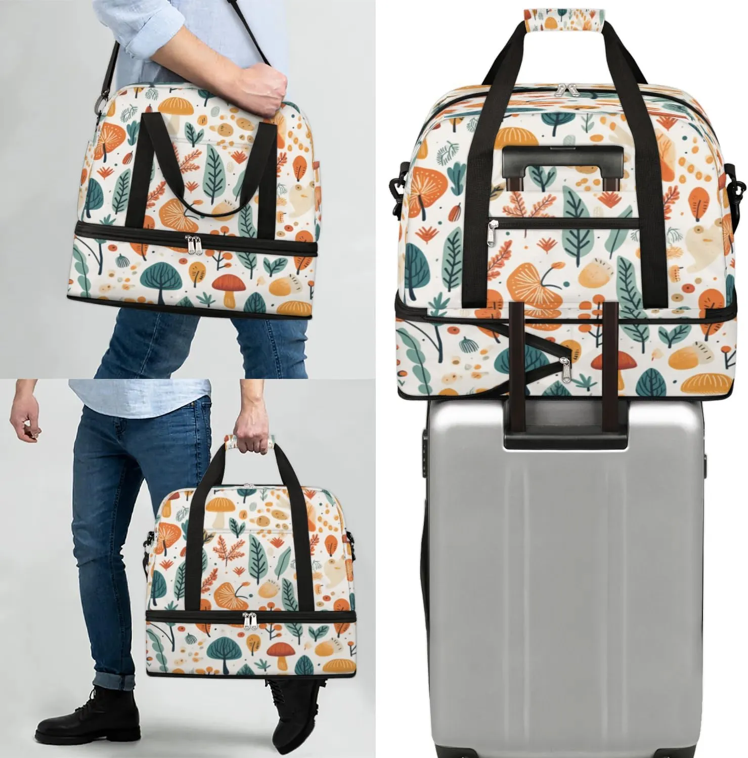 Autumn Mushroom Maple Leave Sports Gym Bag with Shoes Compartment Foldable Travel Duffel Bag Dry Wet Separated Sports Tote Workout Weekender Overnight Bag for Women Yoga Dance Work Training Handbag