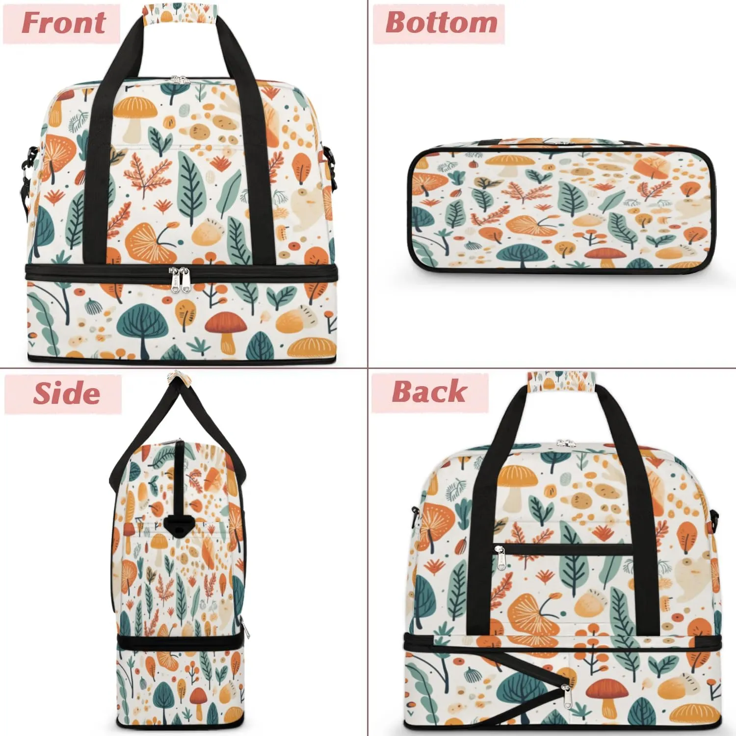 Autumn Mushroom Maple Leave Sports Gym Bag with Shoes Compartment Foldable Travel Duffel Bag Dry Wet Separated Sports Tote Workout Weekender Overnight Bag for Women Yoga Dance Work Training Handbag