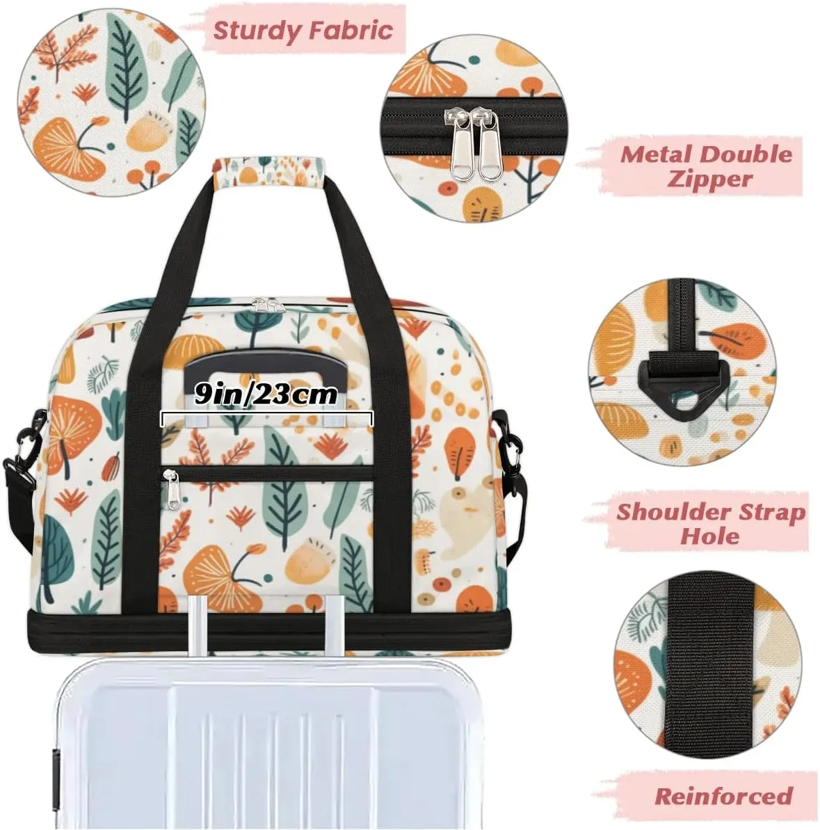 Autumn Mushroom Maple Leave Sports Gym Bag with Shoes Compartment Foldable Travel Duffel Bag Dry Wet Separated Sports Tote Workout Weekender Overnight Bag for Women Yoga Dance Work Training Handbag