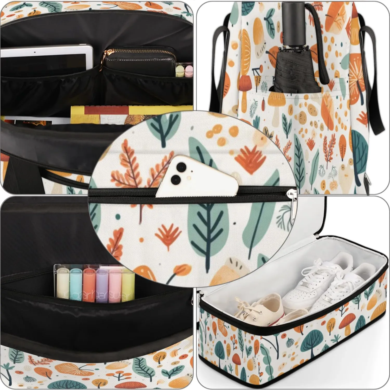 Autumn Mushroom Maple Leave Sports Gym Bag with Shoes Compartment Foldable Travel Duffel Bag Dry Wet Separated Sports Tote Workout Weekender Overnight Bag for Women Yoga Dance Work Training Handbag