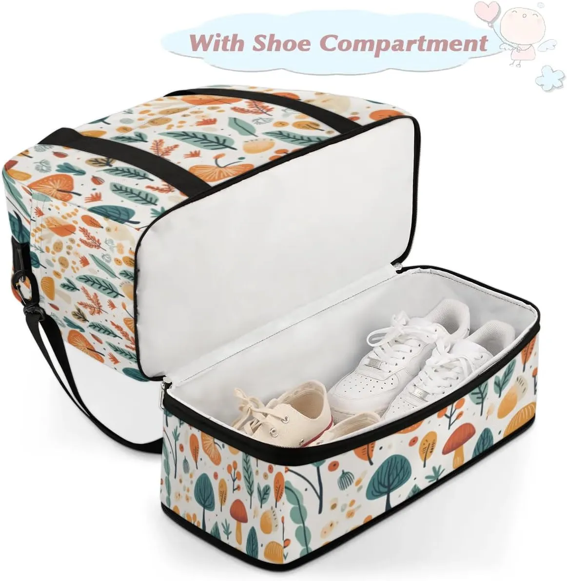 Autumn Mushroom Maple Leave Sports Gym Bag with Shoes Compartment Foldable Travel Duffel Bag Dry Wet Separated Sports Tote Workout Weekender Overnight Bag for Women Yoga Dance Work Training Handbag