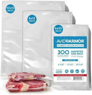 Avid Armor Chamber Machine Pouches 3.5mil, Pre-Cut Vacuum Sealer Bags, Heavy Duty Seal Pouch, BPA-Free Chamber Sealer, Assorted Size Pack, 6"x10", 8"x12", 10"x13" - Pack of 300