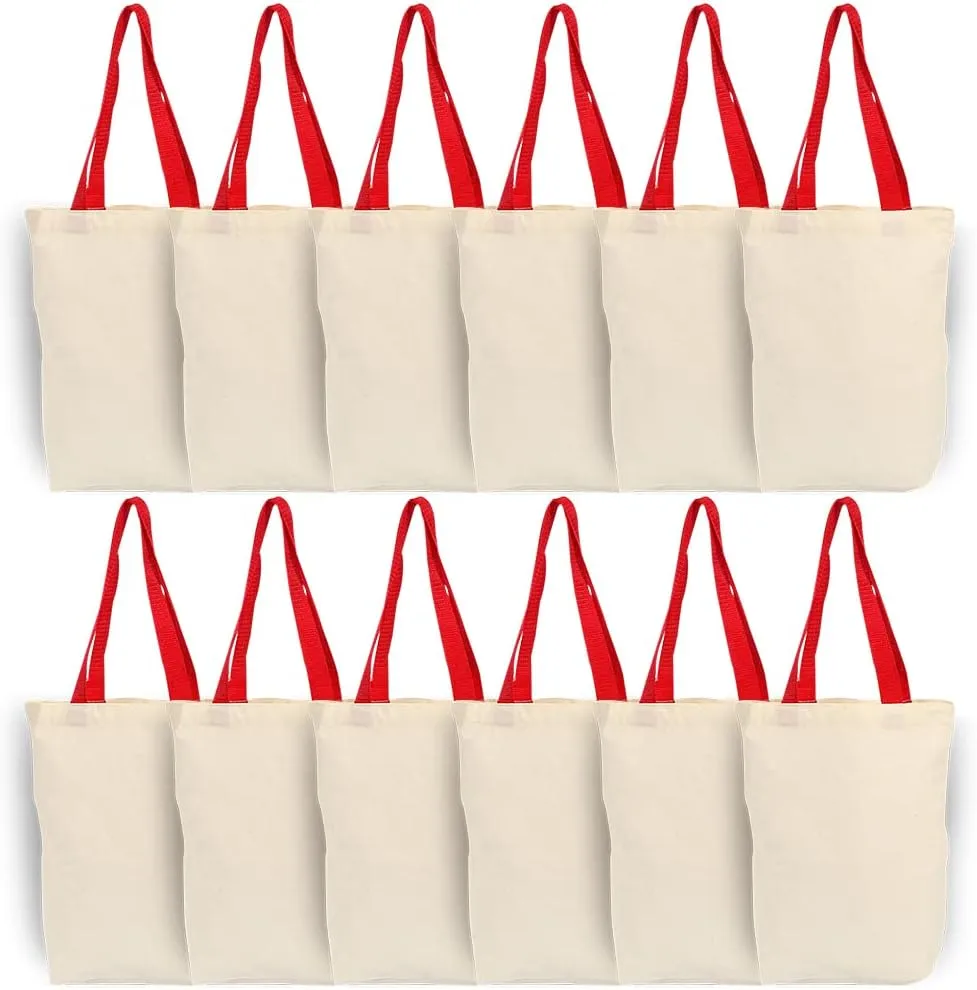 Azuca Natural Canvas Tote Bags with Bottom Gusset for Crafts, Shopping, Groceries, Books, 6 Pack- 13x11x3.2 Inches
