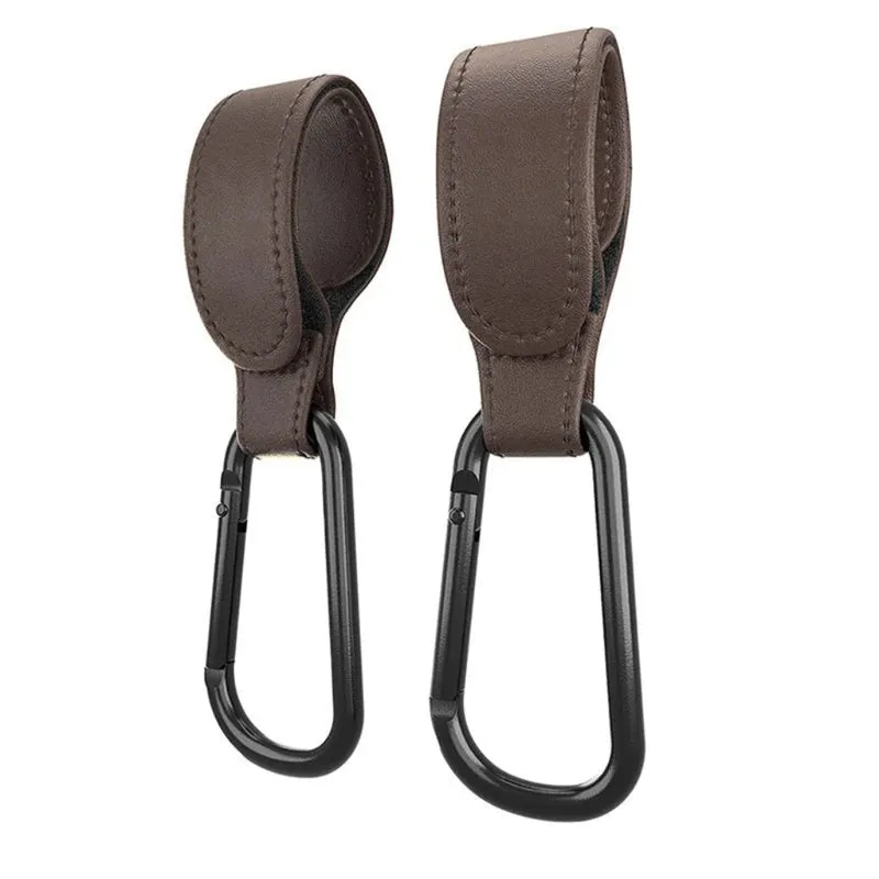 Baby Stroller Hooks Clips for Diaper Bags - Aluminum Alloy Carabiner Accessory with PU Leather