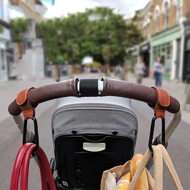 Baby Stroller Hooks Clips for Diaper Bags - Aluminum Alloy Carabiner Accessory with PU Leather