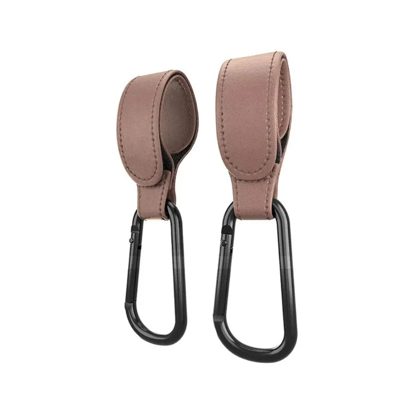 Baby Stroller Hooks Clips for Diaper Bags - Aluminum Alloy Carabiner Accessory with PU Leather
