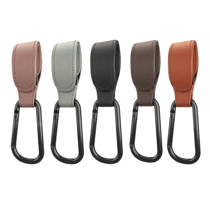 Baby Stroller Hooks Clips for Diaper Bags - Aluminum Alloy Carabiner Accessory with PU Leather
